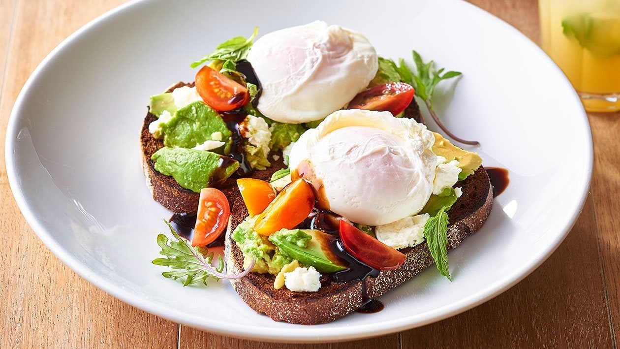 Avocado and Feta Smash on Rye with Poached Eggs and Balsamic Glaze – Recipe