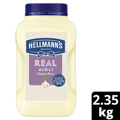 HELLMANN'S Real Aioli Gluten Free 2.35kg - HELLMANN'S Real Aioli is made to an authentic recipe using 100% egg yolks & infused with garlic for that balanced, real scratch made taste.