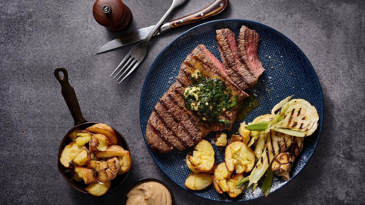 Rump with Jus Herb Butter and Rosemary Roasted Smashed Chats – Recipe