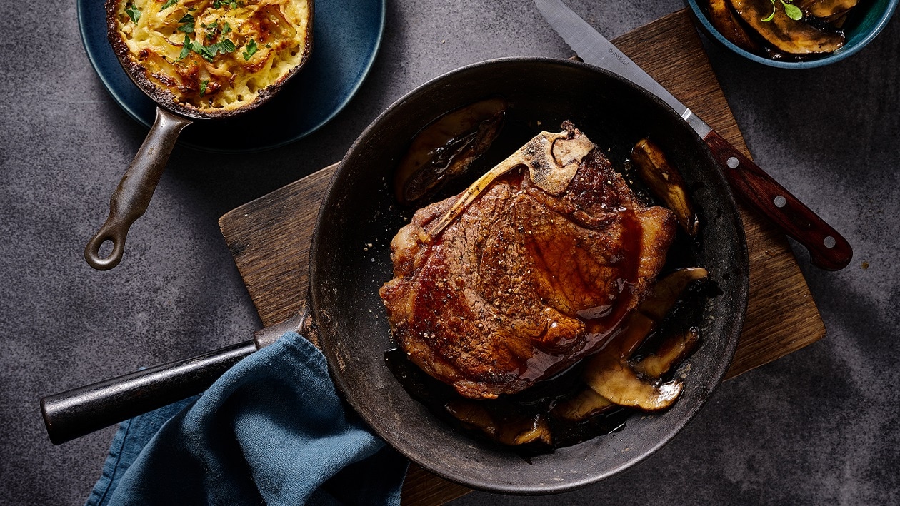 Sirloin with Potato Gratin and Garlic Mushroom Jus – Recipe