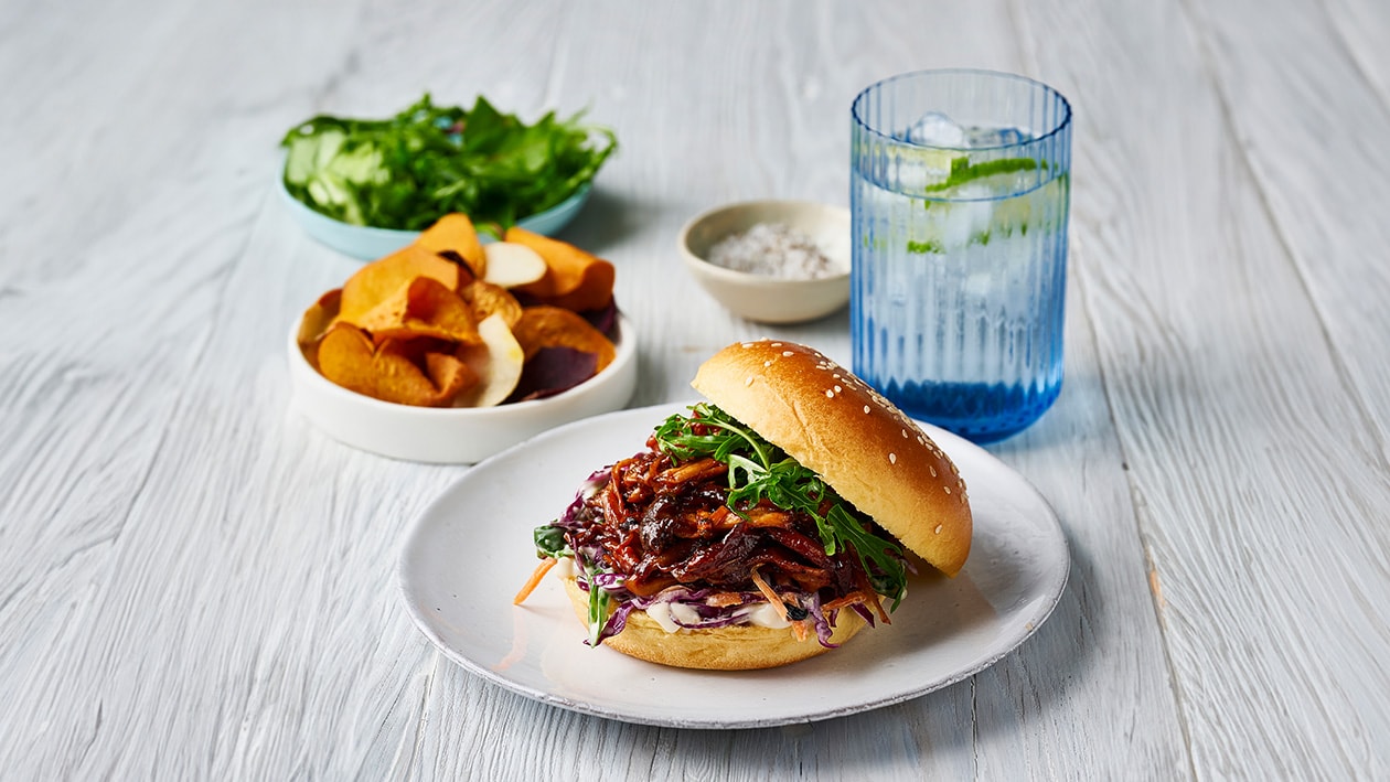 Pulled Mushroom Sandwich with Tahini Mayo Slaw – Recipe