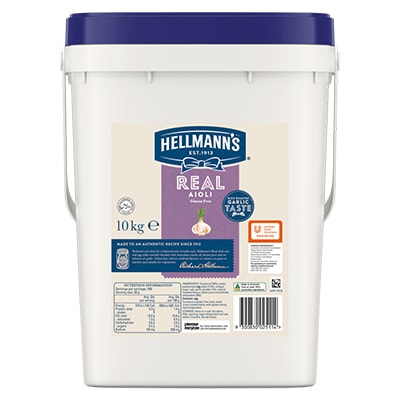 HELLMANN'S Real Aioli Gluten Free 10kg - HELLMANN'S Real Aioli is made to an authentic recipe using 100% egg yolks with an infusion of garlic for that balanced, scratch made taste.